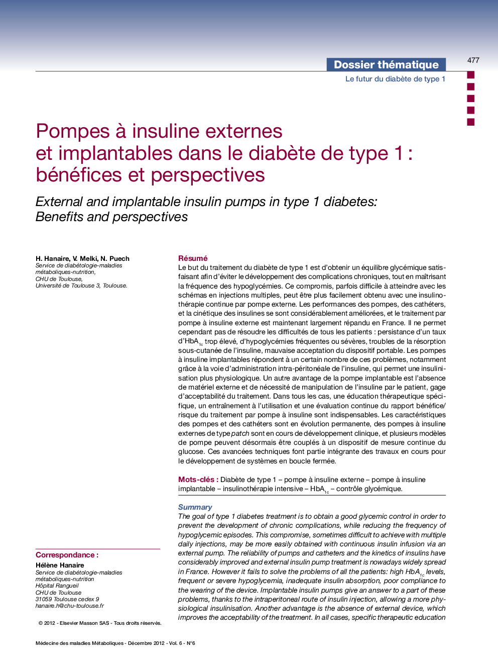 Pompes Ã  insuline externes et implantables dans le diabÃ¨te de type 1 : bénéfices et perspectives