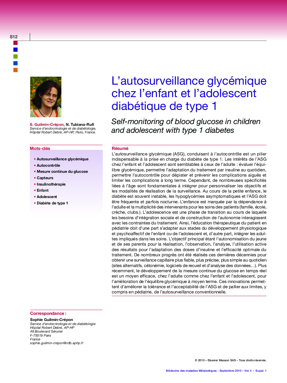 L'autosurveillance glycémique chez l'enfant et l'adolescent diabétique de type 1