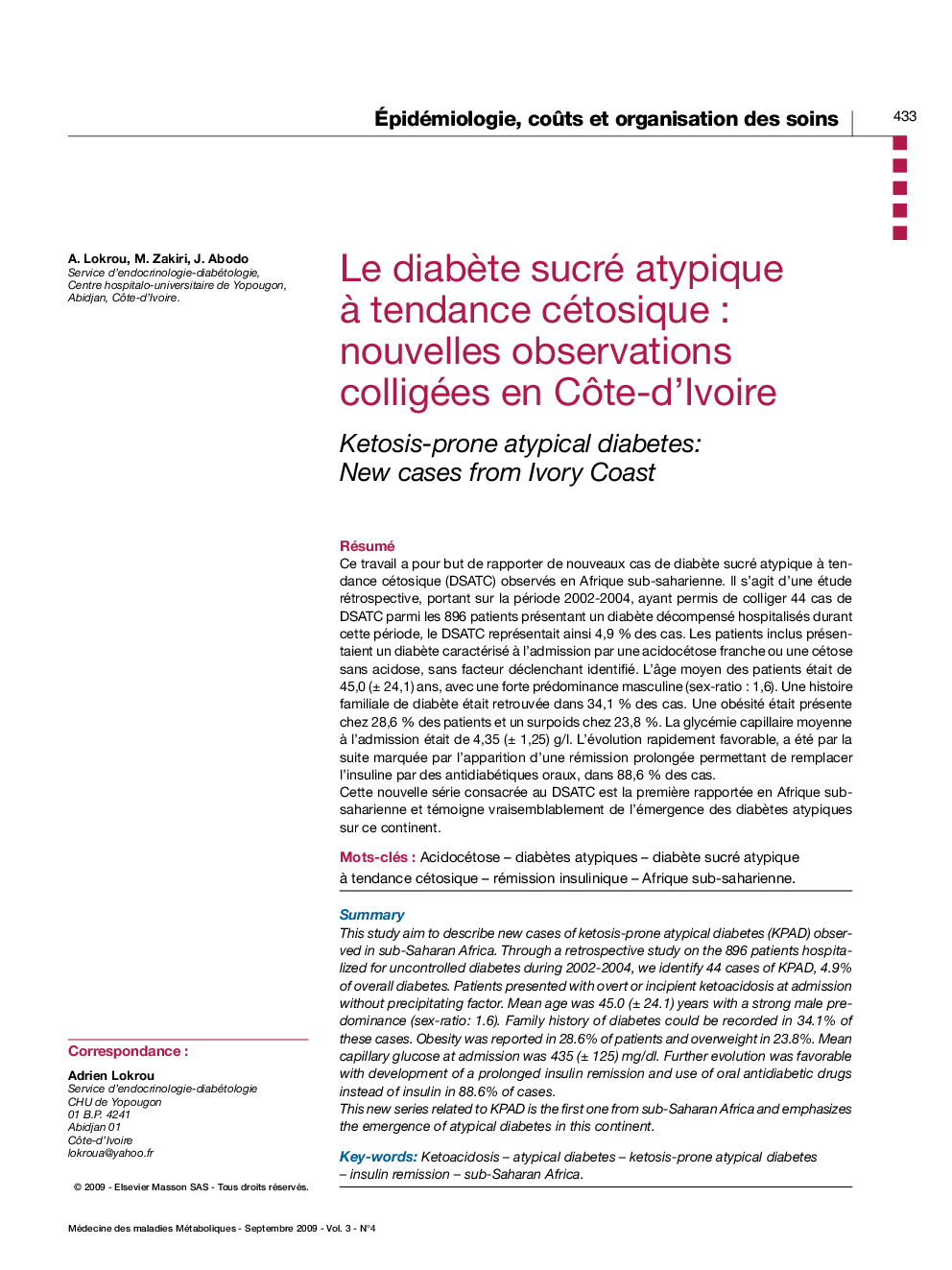 Le diabÃ¨te sucré atypique Ã  tendance cétosiqueÂ : nouvelles observations colligées en CÃ´te-d'Ivoire