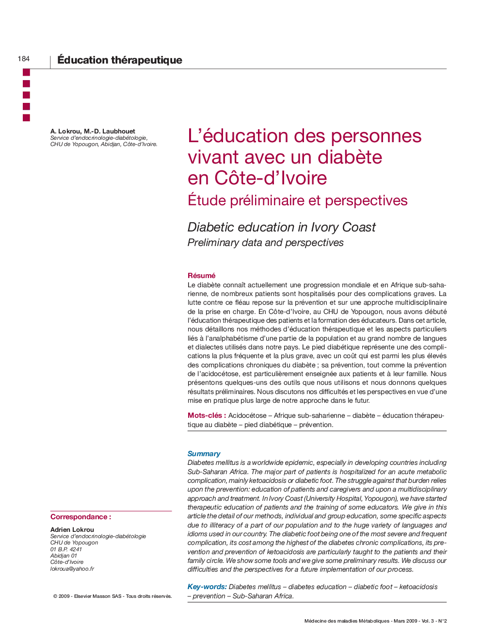 L'éducation des personnes vivant avec un diabÃ¨te en CÃ´te-d'Ivoire Ãtude préliminaire et perspectives