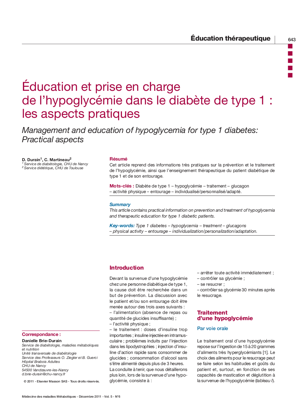 Ãducation et prise en charge de l'hypoglycémie dans le diabÃ¨te de typeÂ 1Â : les aspects pratiques