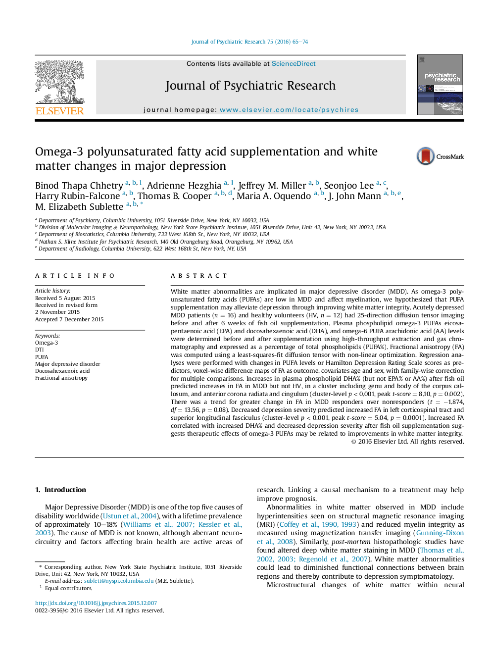 Omega-3 polyunsaturated fatty acid supplementation and white matter changes in major depression