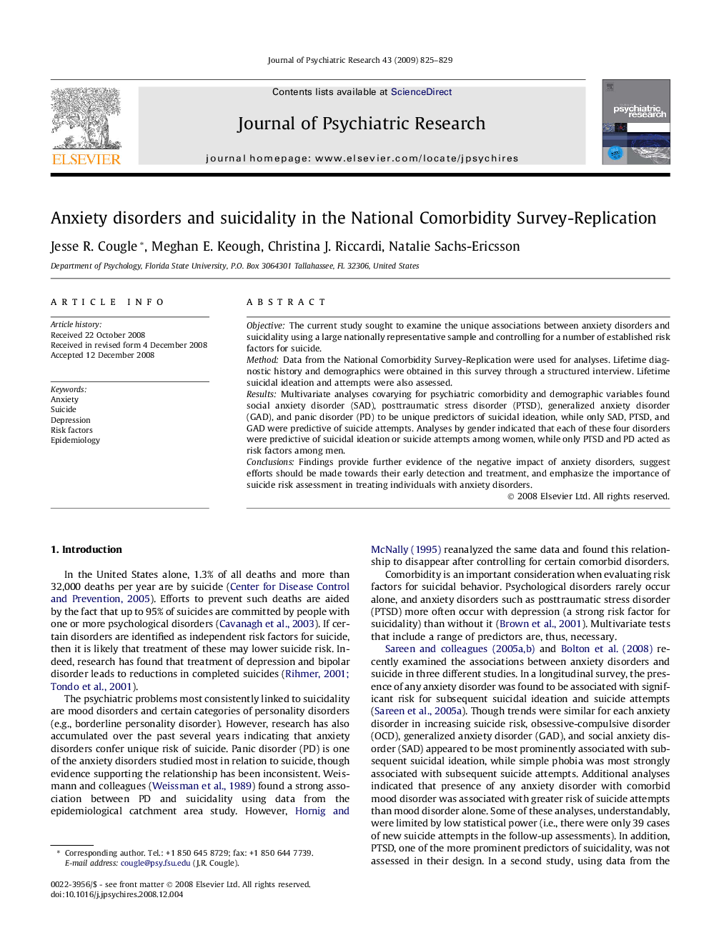 Anxiety disorders and suicidality in the National Comorbidity Survey-Replication