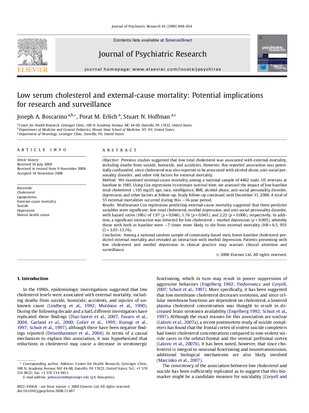 Low serum cholesterol and external-cause mortality: Potential implications for research and surveillance