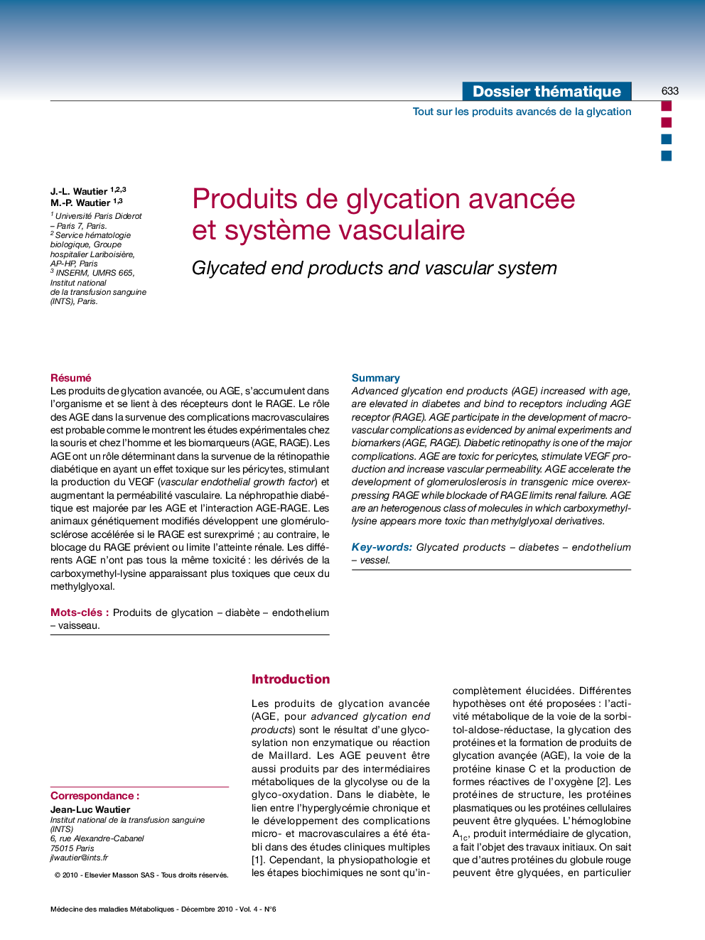 Produits de glycation avancée et systÃ¨me vasculaire