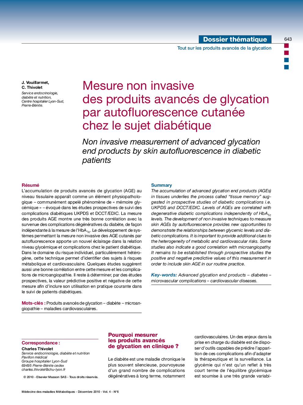 Mesure non invasive des produits avancés de glycation par autofluorescence cutanée chez le sujet diabétique