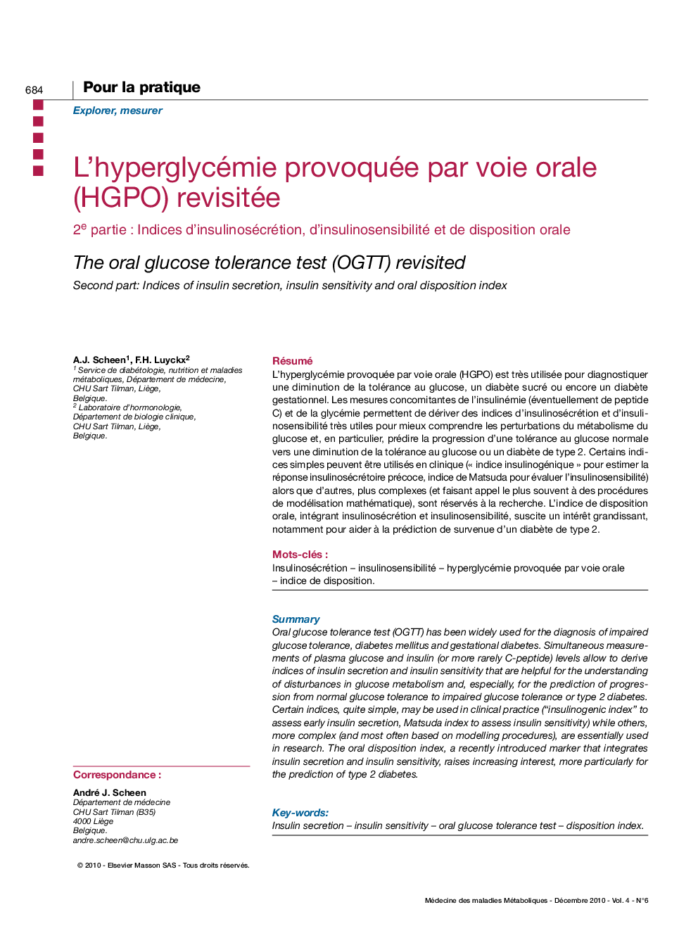 L'hyperglycémie provoquée par voie orale (HGPO) revisitée