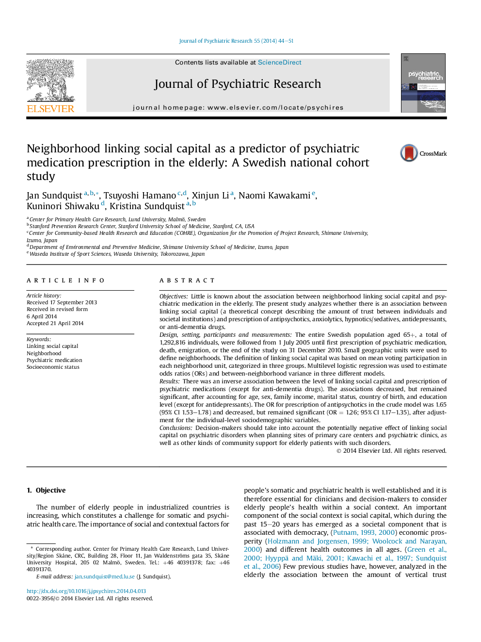 Neighborhood linking social capital as a predictor of psychiatric medication prescription in the elderly: A Swedish national cohort study