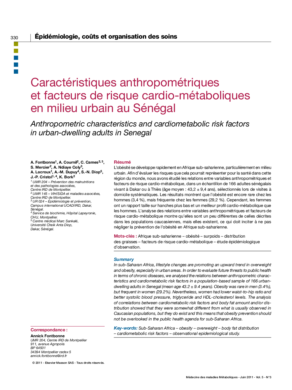 Caractéristiques anthropométriques et facteurs de risque cardio-métaboliques en milieu urbain au Sénégal