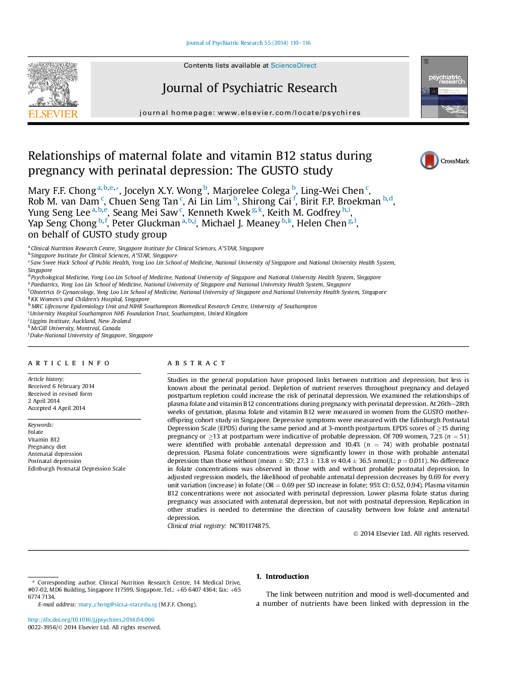 Relationships of maternal folate and vitamin B12 status during pregnancy with perinatal depression: The GUSTO study