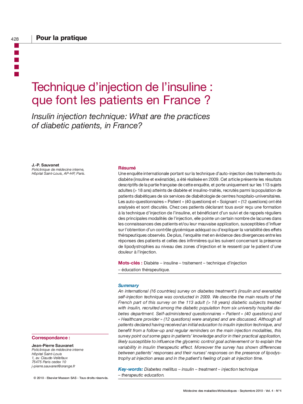 Technique d'injection de l'insulineÂ : que font les patients en FranceÂ ?