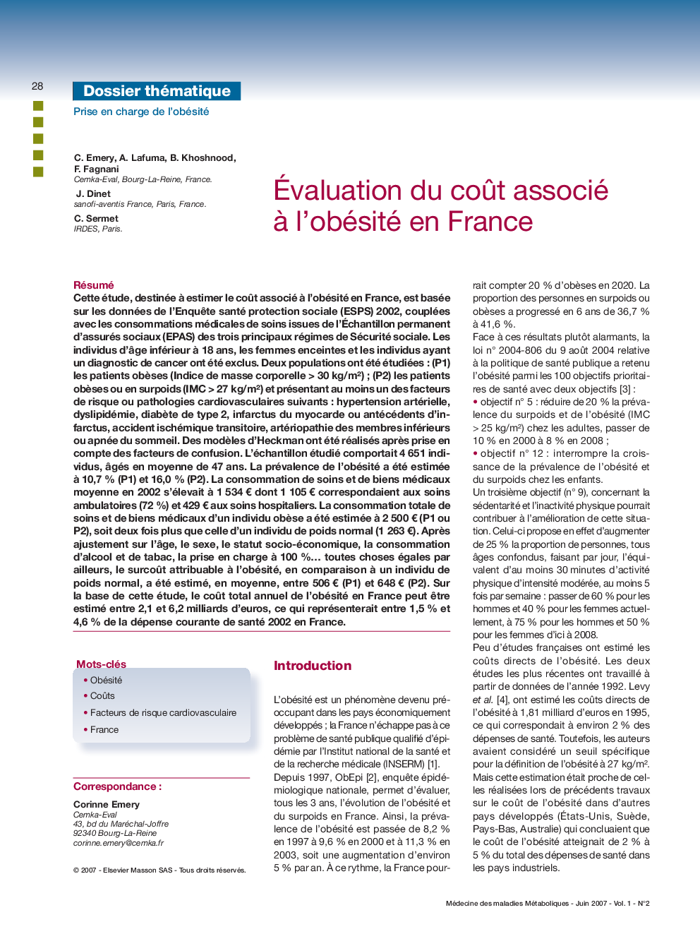 Ãvaluation du coÃ»t associé Ã  l'obésité en France