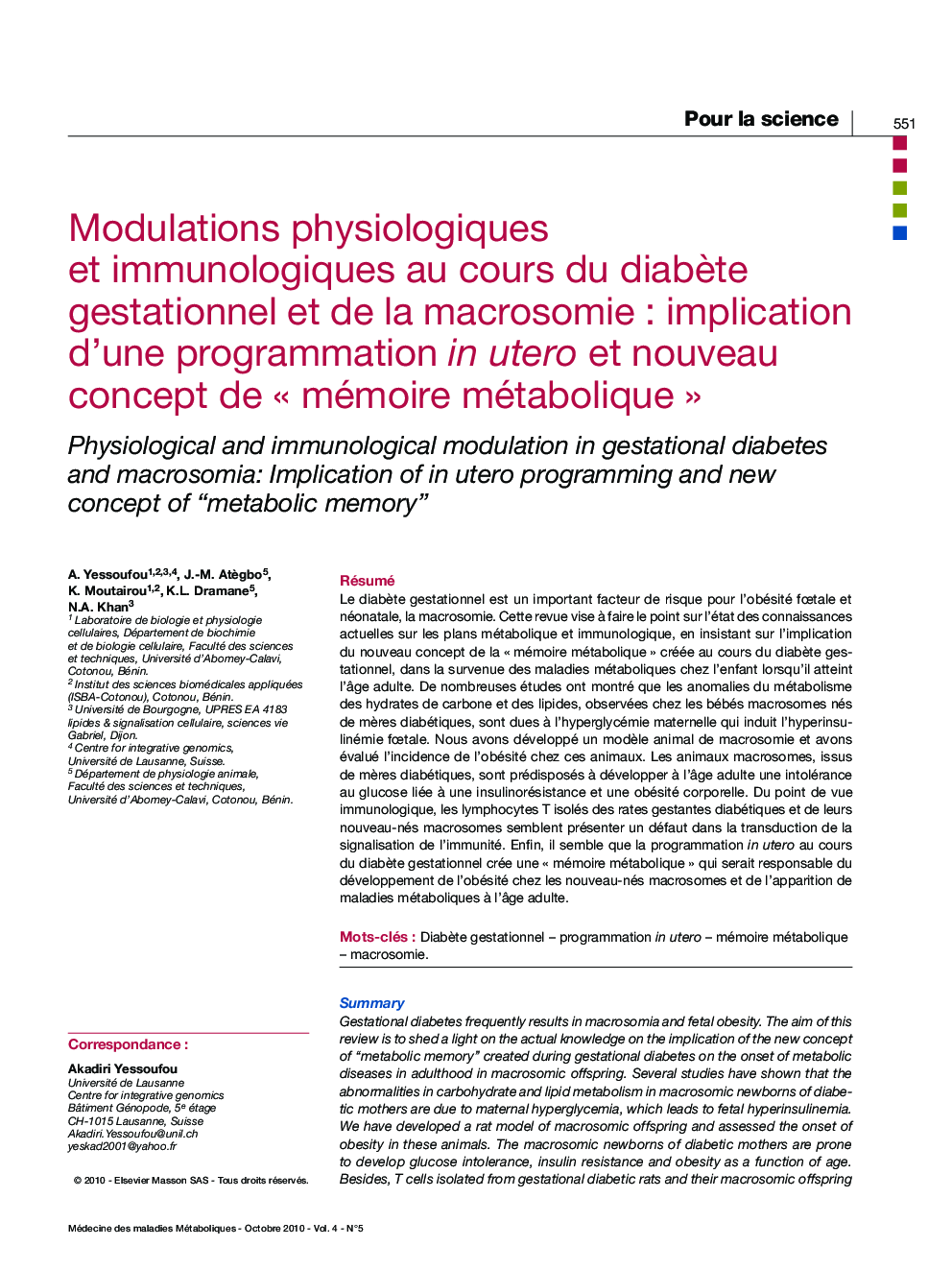 Modulations physiologiques et immunologiques au cours du diabÃ¨te gestationnel et de la macrosomieÂ : implication d'une programmation in utero et nouveau concept de Â«Â mémoire métaboliqueÂ Â»