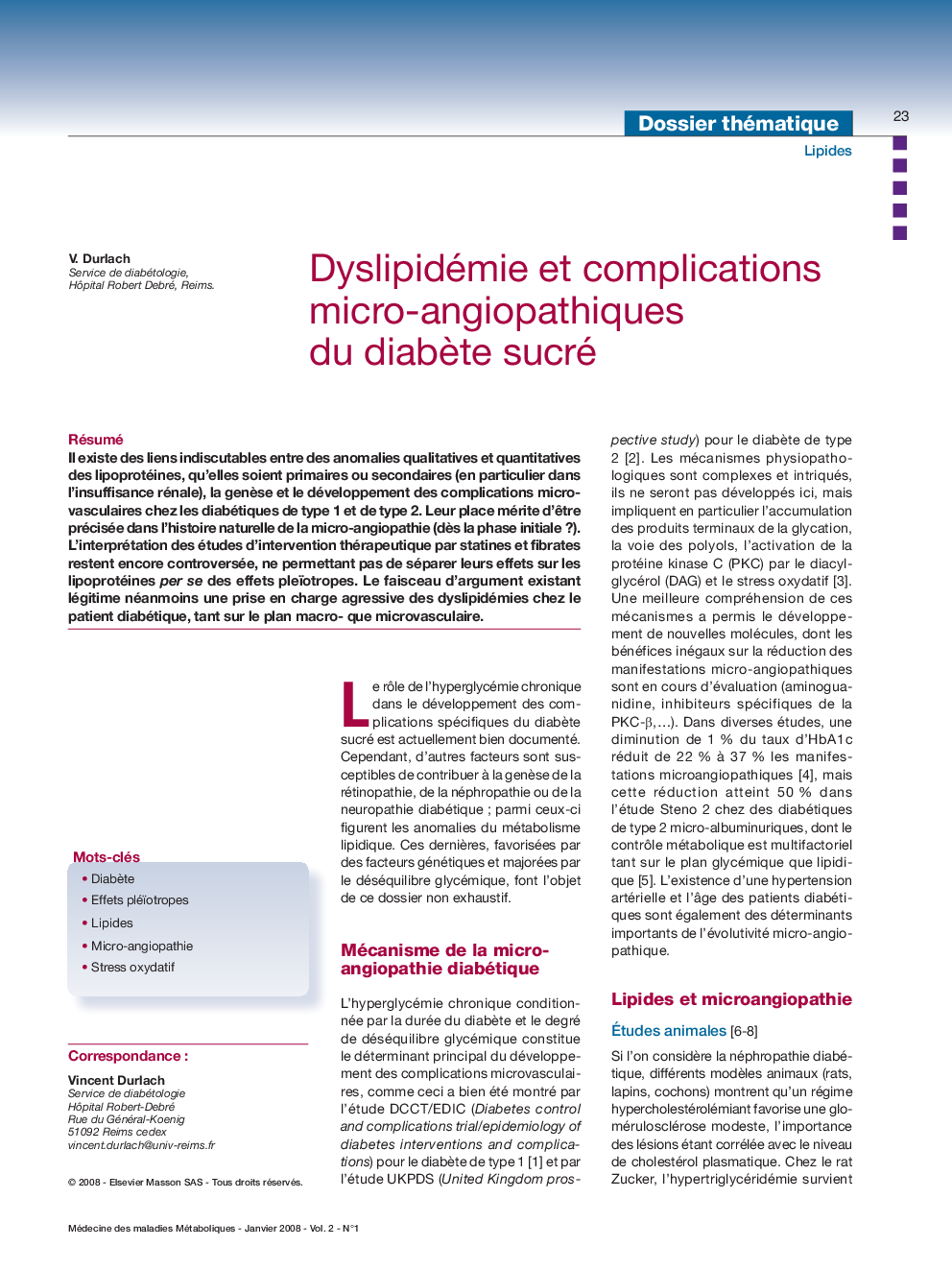 Dyslipidémie et complications micro-angiopathiques du diabÃ¨te sucré