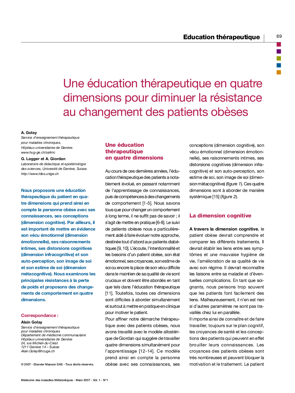 Une éducation thérapeutique en quatre dimensions pour diminuer la résistance au changement des patients obÃ¨ses