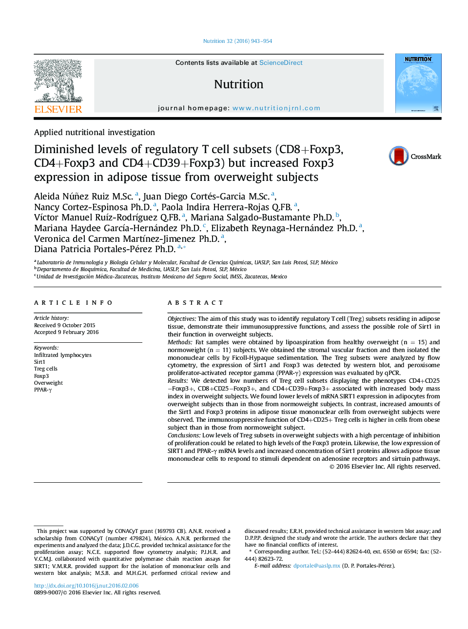 Diminished levels of regulatory T cell subsets (CD8+Foxp3, CD4+Foxp3 and CD4+CD39+Foxp3) but increased Foxp3 expression in adipose tissue from overweight subjects 