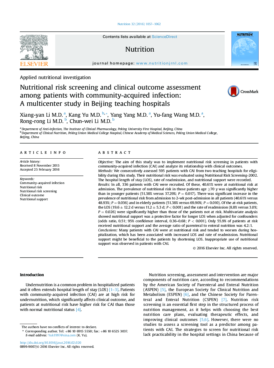 Nutritional risk screening and clinical outcome assessment among patients with community-acquired infection: A multicenter study in Beijing teaching hospitals 