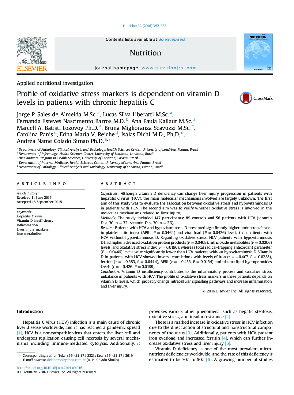 Profile of oxidative stress markers is dependent on vitamin D levels in patients with chronic hepatitis C