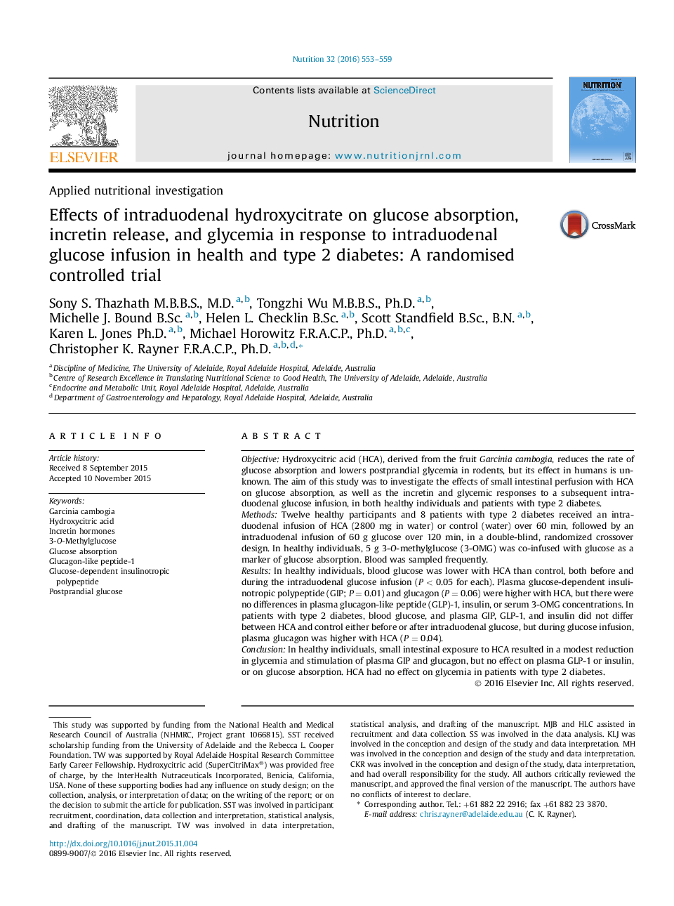 عکس صفحه اول مقاله: Effects of intraduodenal hydroxycitrate on glucose absorption, incretin release, and glycemia in response to intraduodenal glucose infusion in health and type 2 diabetes: A randomised controlled trial Effects of intraduodenal hydroxycitrate on glucose absorption, incretin release, and glycemia in response to intraduodenal glucose infusion in health and type 2 diabetes: A randomised controlled trial