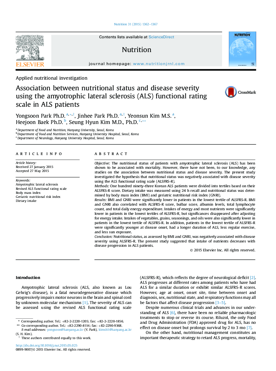 Association between nutritional status and disease severity using the amyotrophic lateral sclerosis (ALS) functional rating scale in ALS patients