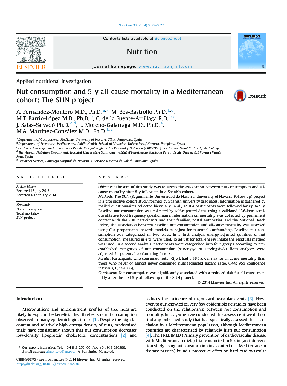 Nut consumption and 5-y all-cause mortality in a Mediterranean cohort: The SUN project