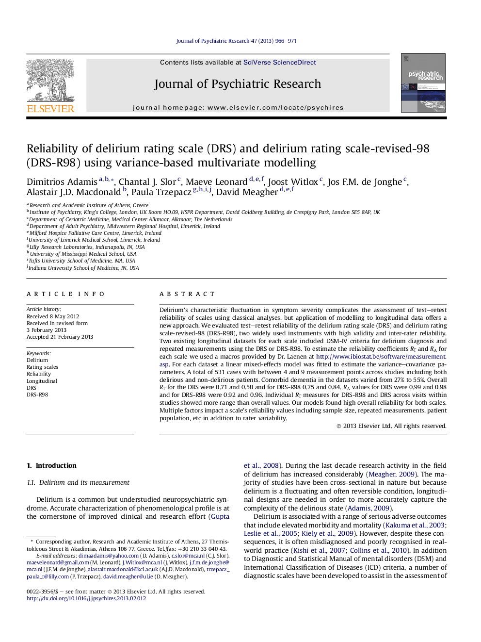 Reliability of delirium rating scale (DRS) and delirium rating scale-revised-98 (DRS-R98) using variance-based multivariate modelling