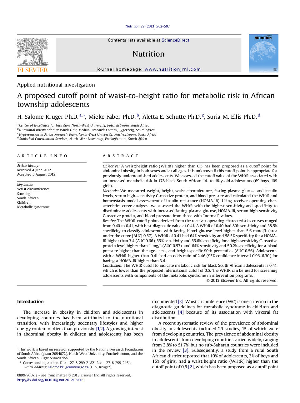 A proposed cutoff point of waist-to-height ratio for metabolic risk in African township adolescents 