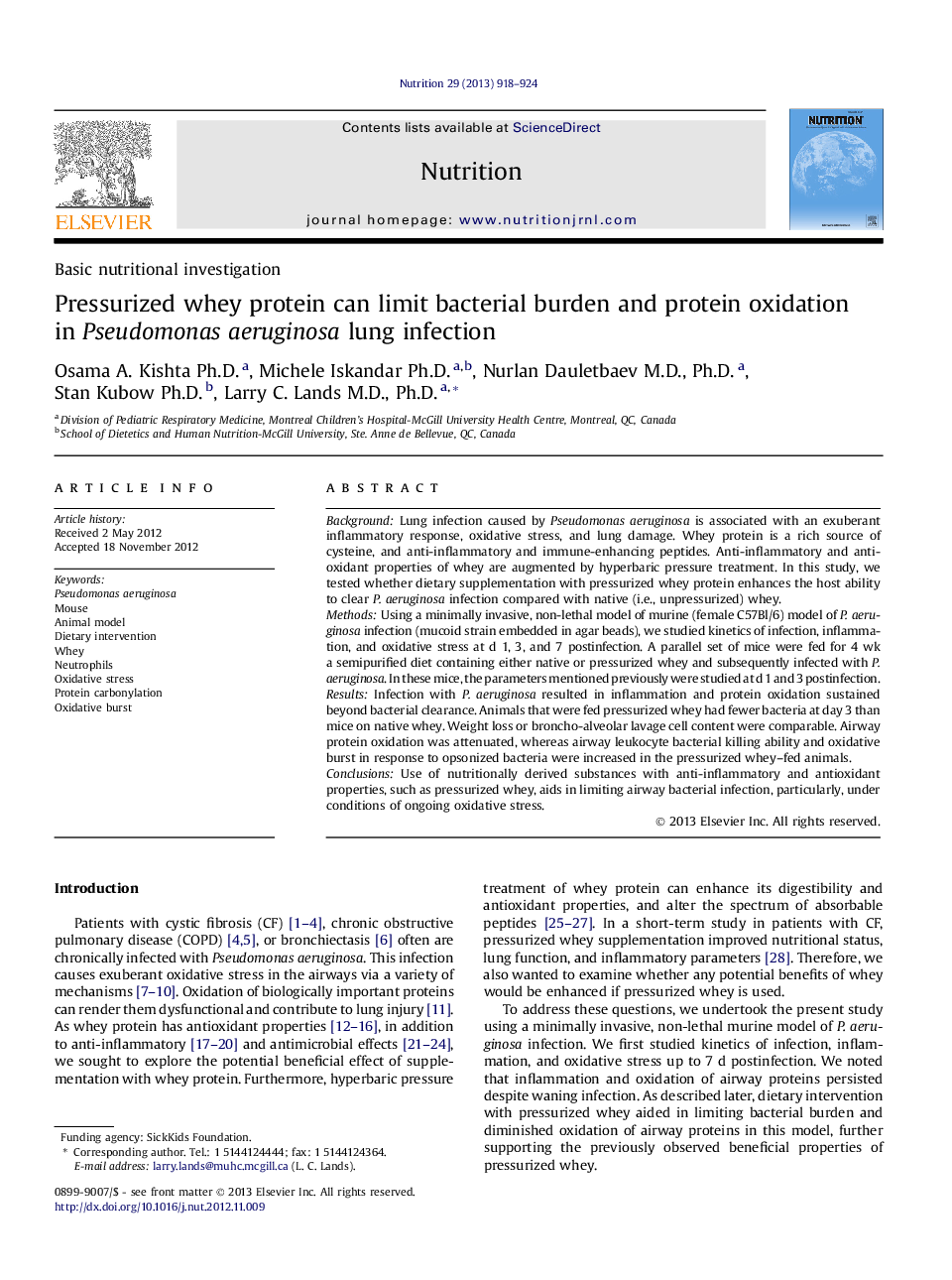 Pressurized whey protein can limit bacterial burden and protein oxidation in Pseudomonas aeruginosa lung infection 