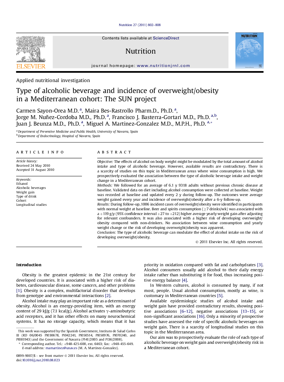 Type of alcoholic beverage and incidence of overweight/obesity in a Mediterranean cohort: The SUN project 