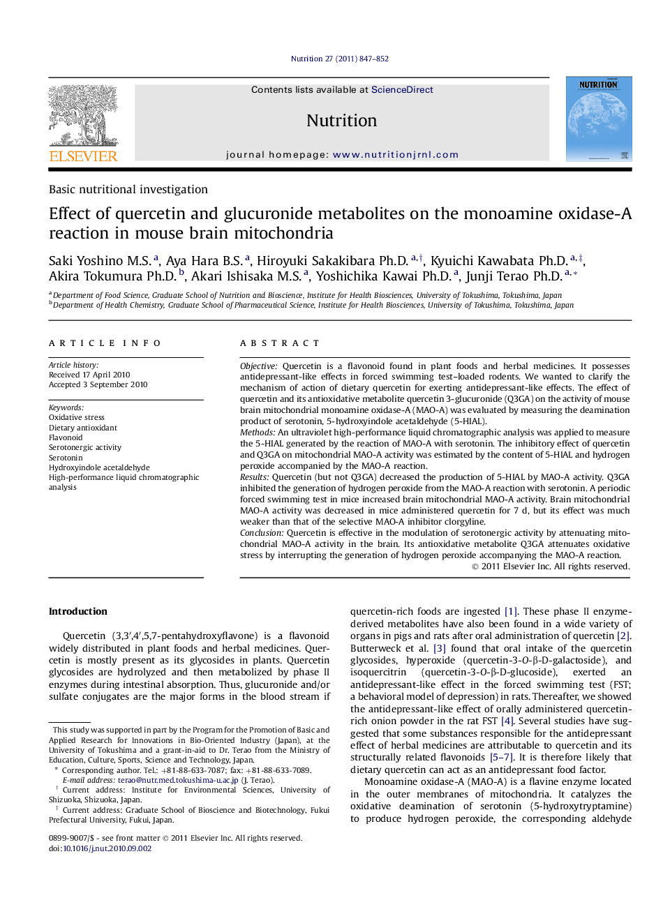 Effect of quercetin and glucuronide metabolites on the monoamine oxidase-A reaction in mouse brain mitochondria 