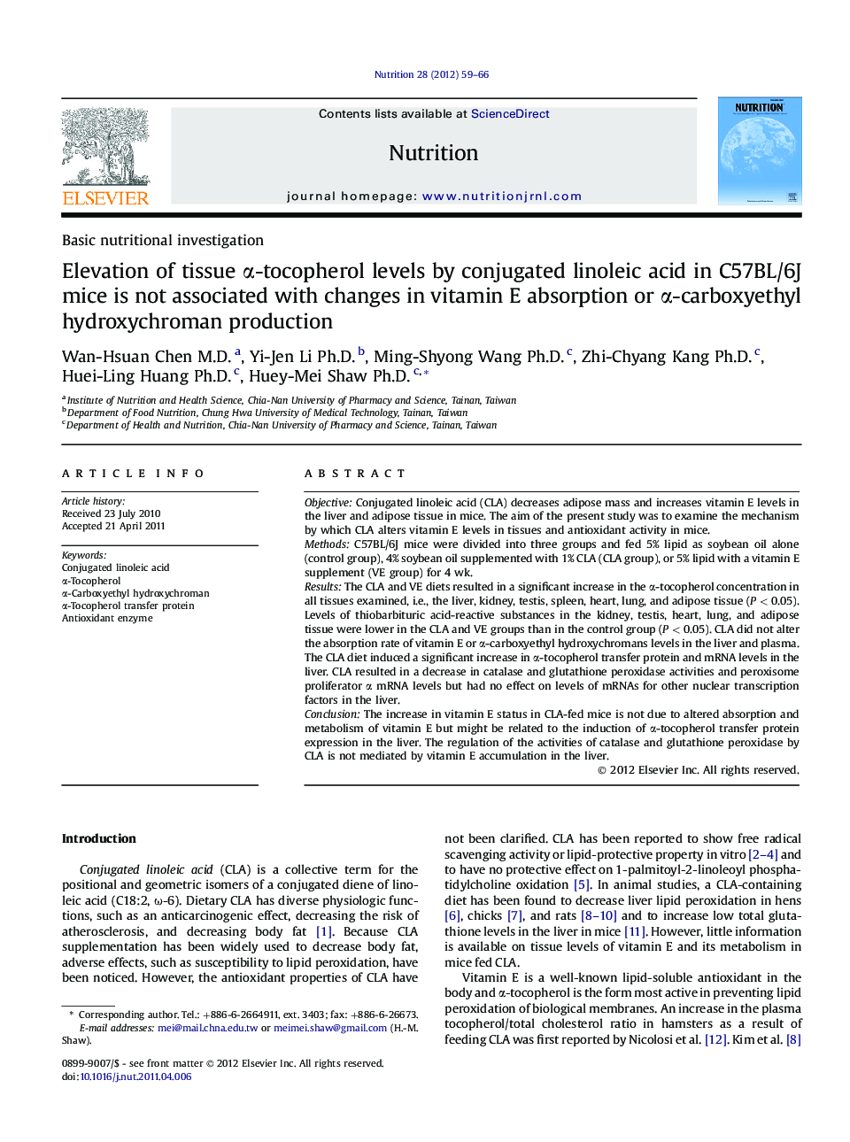 Elevation of tissue α-tocopherol levels by conjugated linoleic acid in C57BL/6J mice is not associated with changes in vitamin E absorption or α-carboxyethyl hydroxychroman production