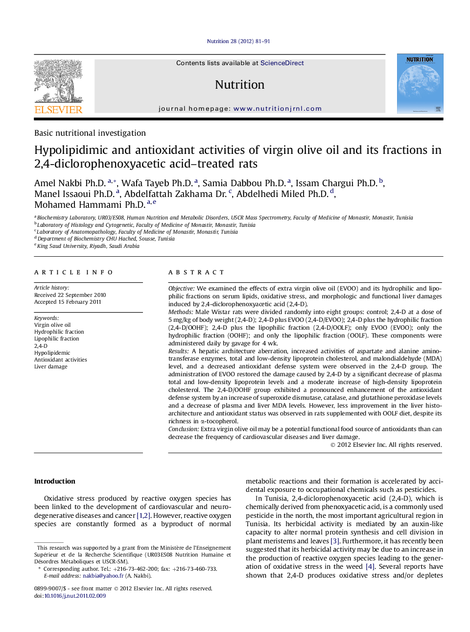 Hypolipidimic and antioxidant activities of virgin olive oil and its fractions in 2,4-diclorophenoxyacetic acid–treated rats 