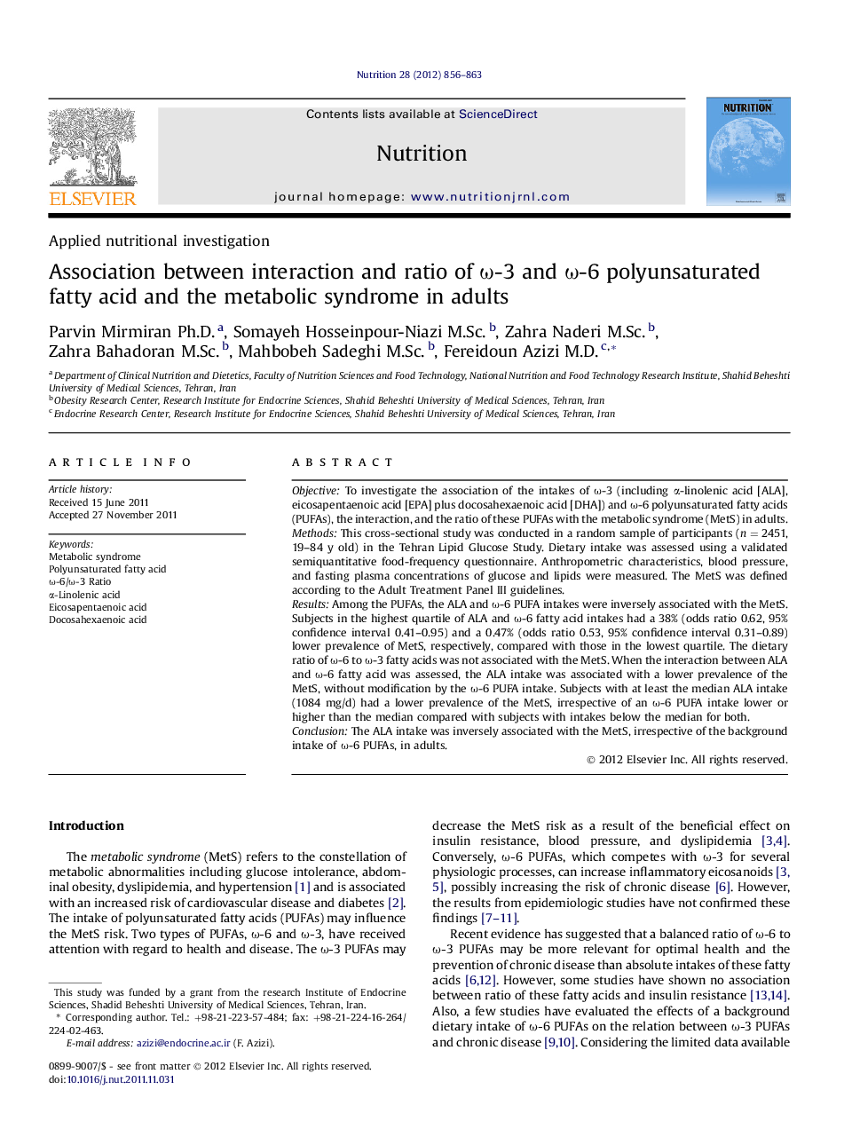 Association between interaction and ratio of ω-3 and ω-6 polyunsaturated fatty acid and the metabolic syndrome in adults 