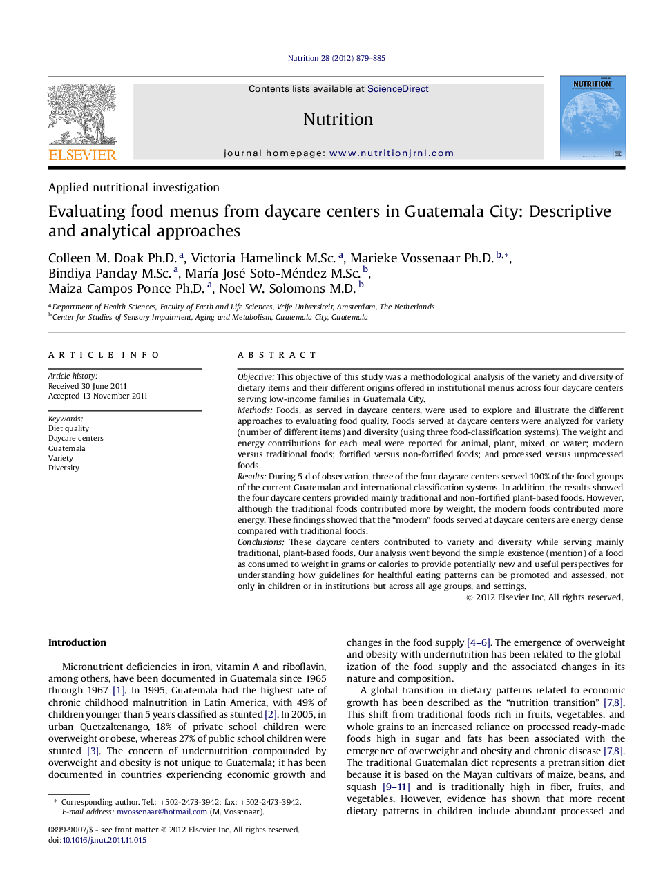 Evaluating food menus from daycare centers in Guatemala City: Descriptive and analytical approaches