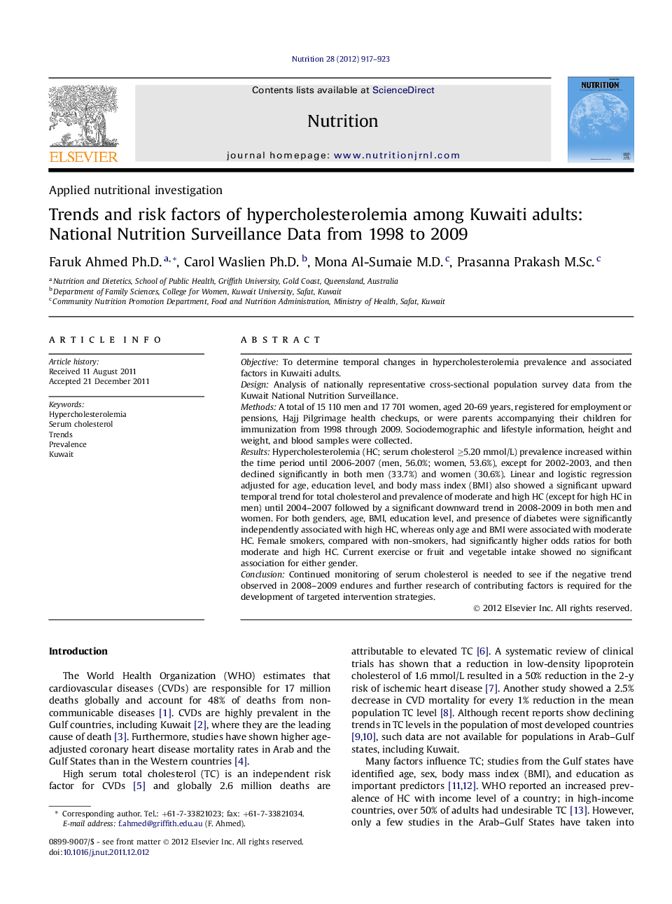 Trends and risk factors of hypercholesterolemia among Kuwaiti adults: National Nutrition Surveillance Data from 1998 to 2009