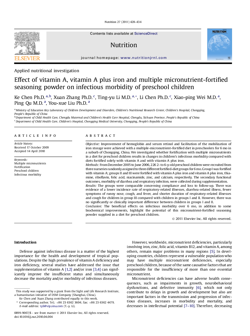 Effect of vitamin A, vitamin A plus iron and multiple micronutrient-fortified seasoning powder on infectious morbidity of preschool children 