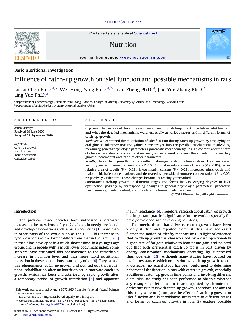 Influence of catch-up growth on islet function and possible mechanisms in rats 