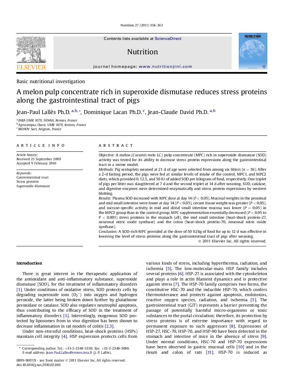 A melon pulp concentrate rich in superoxide dismutase reduces stress proteins along the gastrointestinal tract of pigs