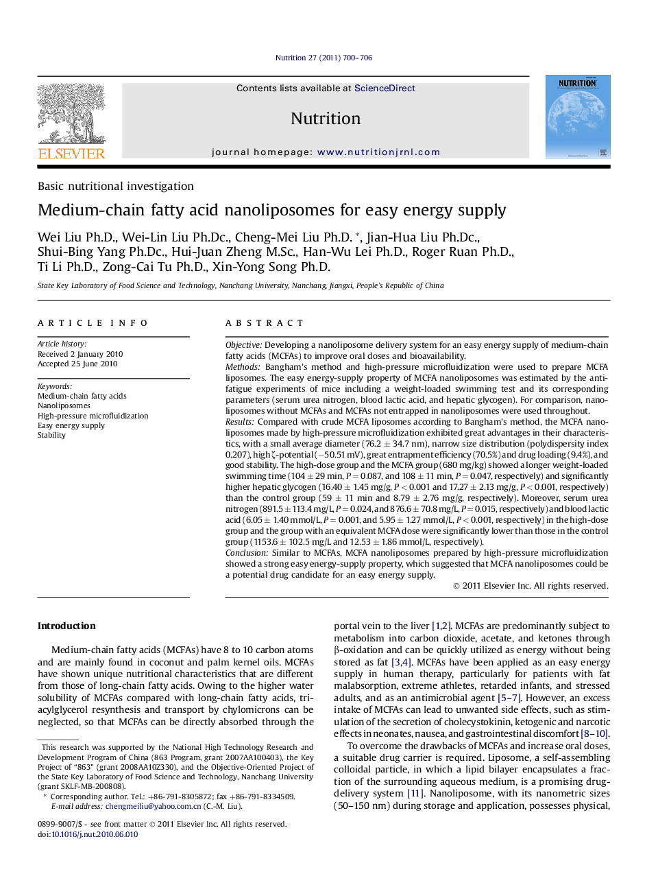 Medium-chain fatty acid nanoliposomes for easy energy supply 