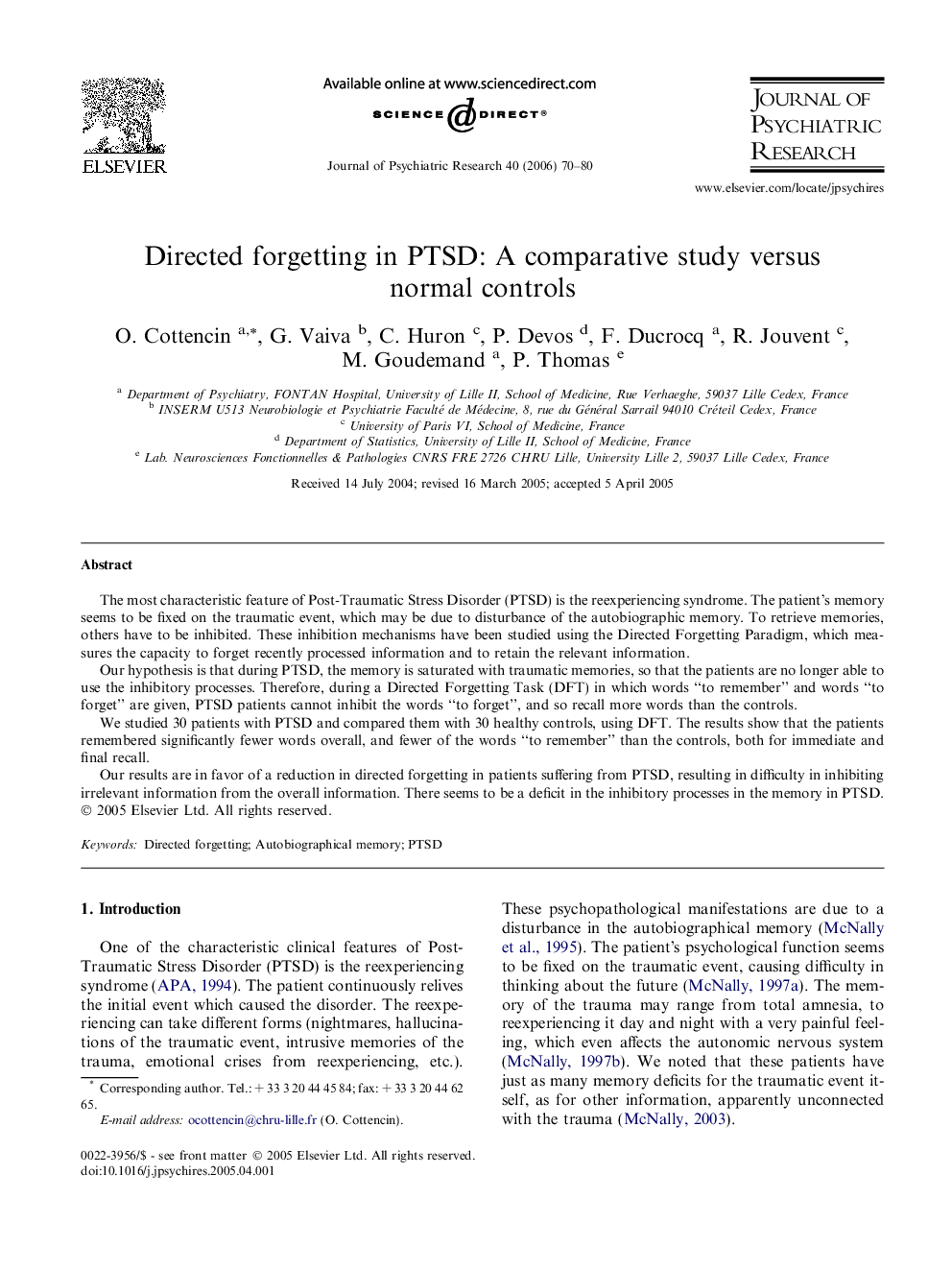 Directed forgetting in PTSD: A comparative study versus normal controls