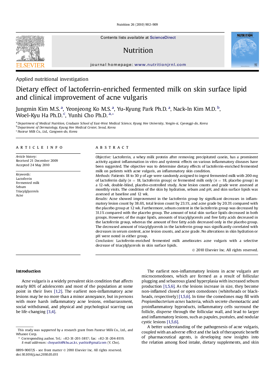 Dietary effect of lactoferrin-enriched fermented milk on skin surface lipid and clinical improvement of acne vulgaris 