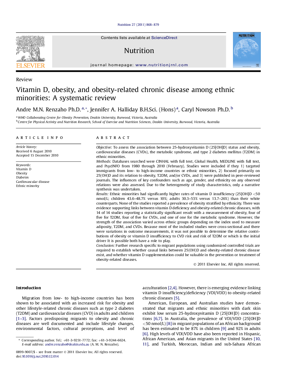 Vitamin D, obesity, and obesity-related chronic disease among ethnic minorities: A systematic review