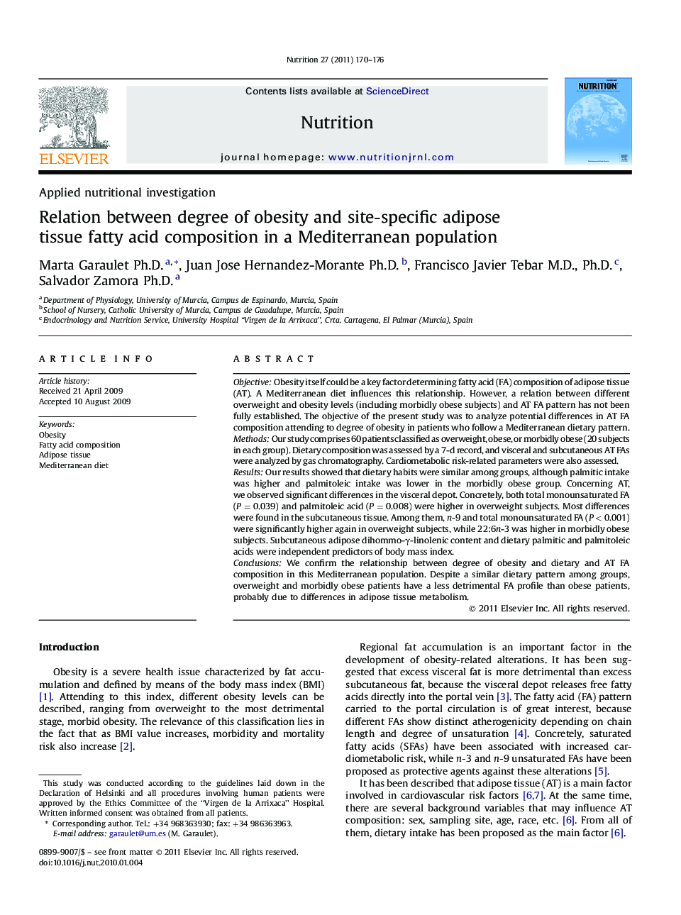 Relation between degree of obesity and site-specific adipose tissue fatty acid composition in a Mediterranean population 