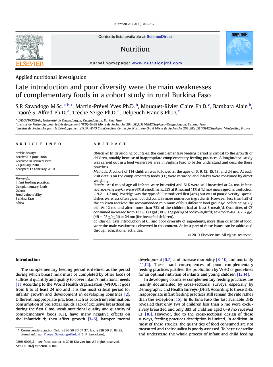 Late introduction and poor diversity were the main weaknesses ofÂ complementary foods in a cohort study in rural Burkina Faso