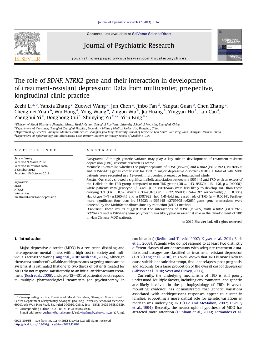 The role of BDNF, NTRK2 gene and their interaction in development of treatment-resistant depression: Data from multicenter, prospective, longitudinal clinic practice