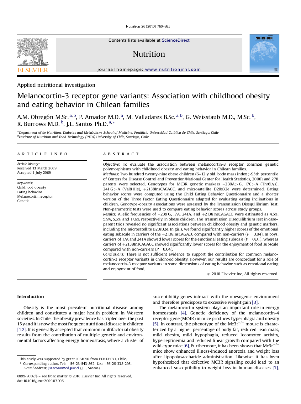 Melanocortin-3 receptor gene variants: Association with childhood obesity and eating behavior in Chilean families 