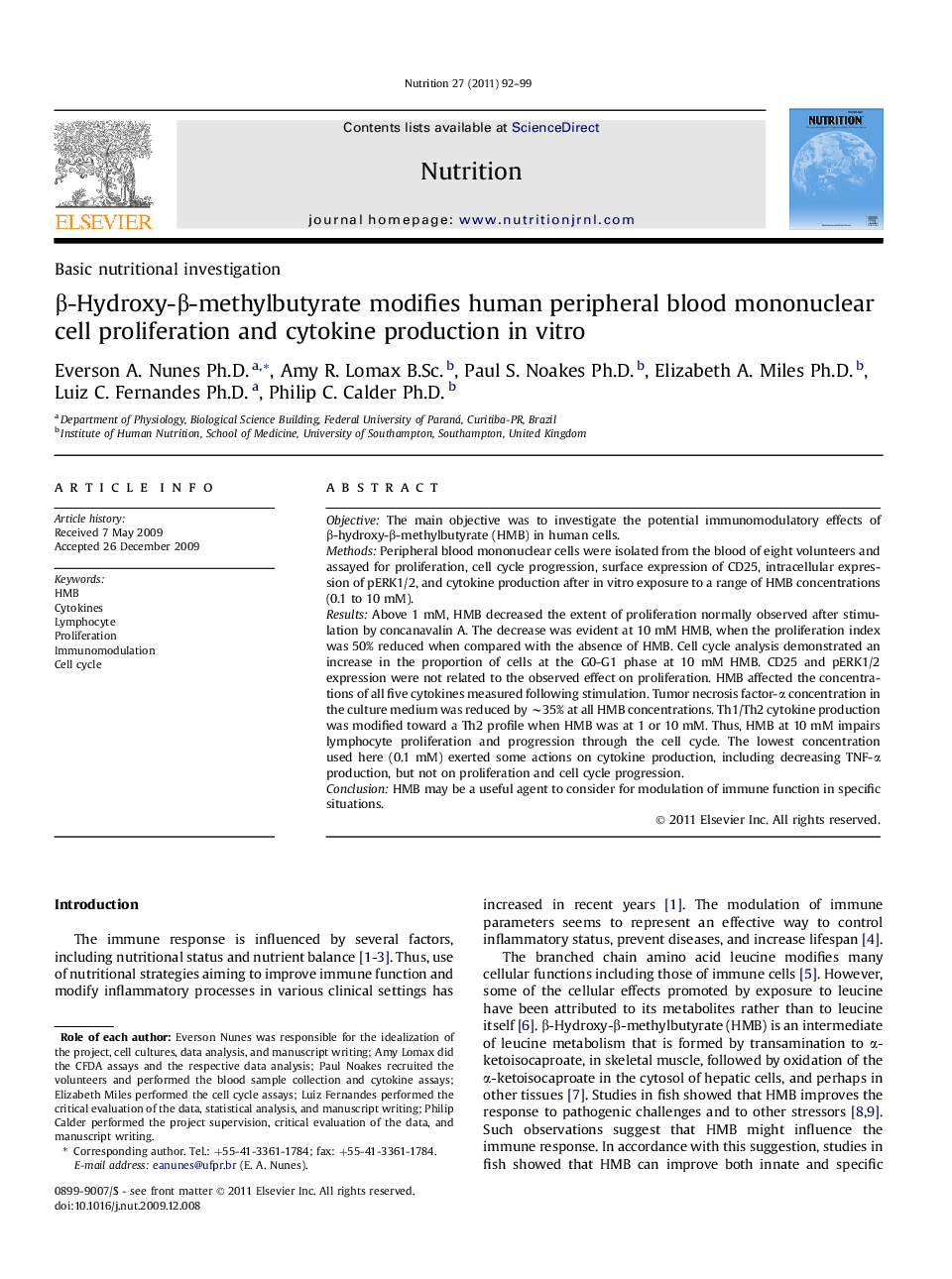 β-Hydroxy-β-methylbutyrate modifies human peripheral blood mononuclear cell proliferation and cytokine production in vitro 