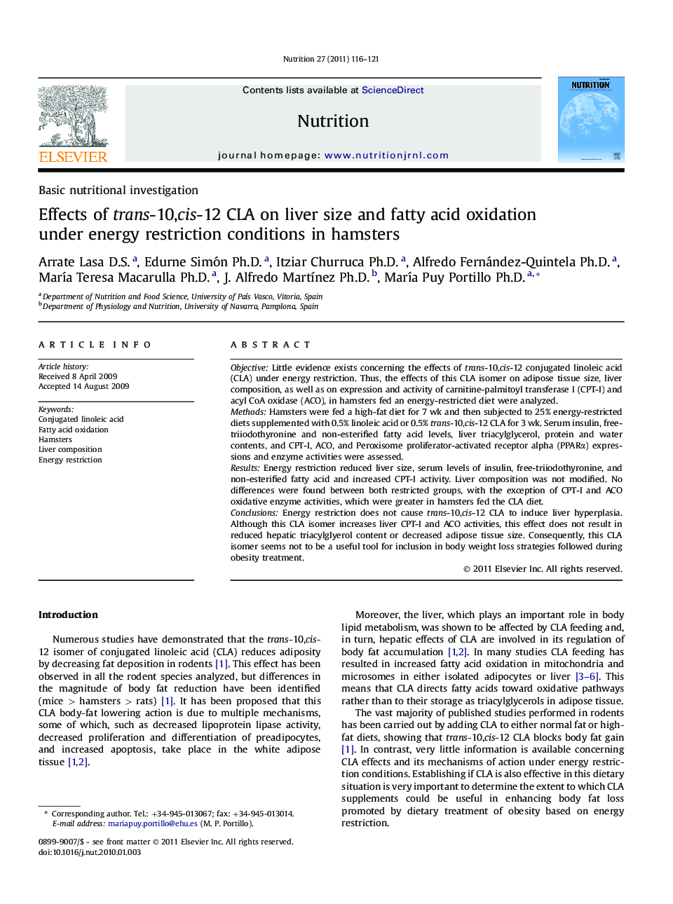 Effects of trans-10,cis-12 CLA on liver size and fatty acid oxidation under energy restriction conditions in hamsters