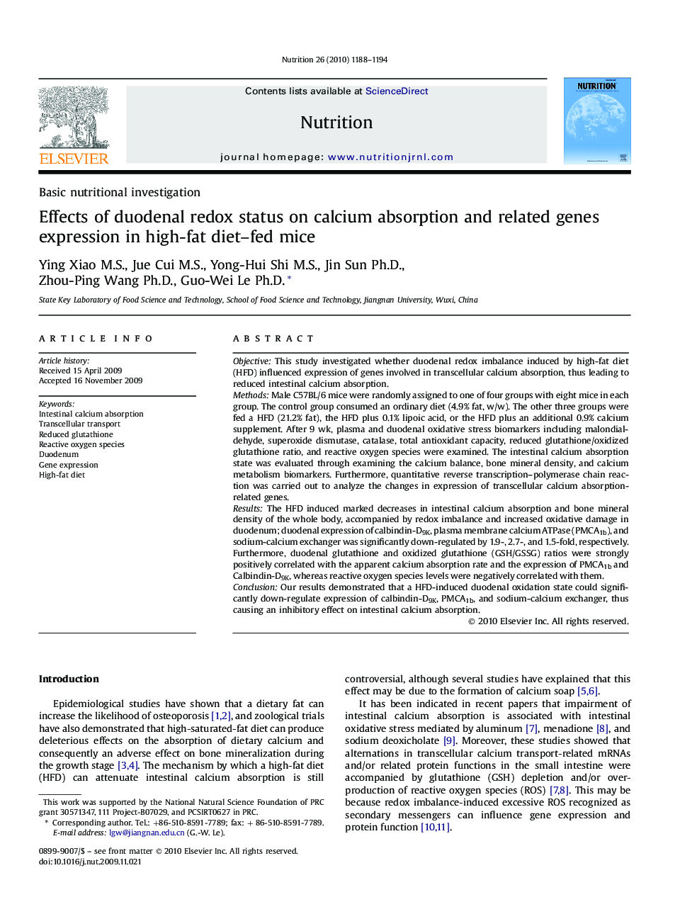 Effects of duodenal redox status on calcium absorption and related genes expression in high-fat diet–fed mice 