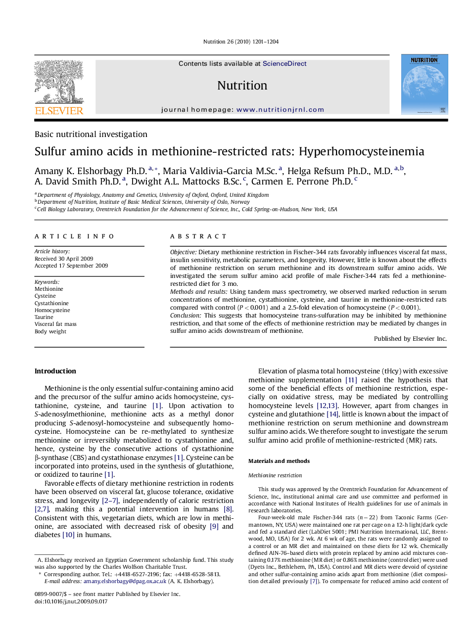 Sulfur amino acids in methionine-restricted rats: Hyperhomocysteinemia 